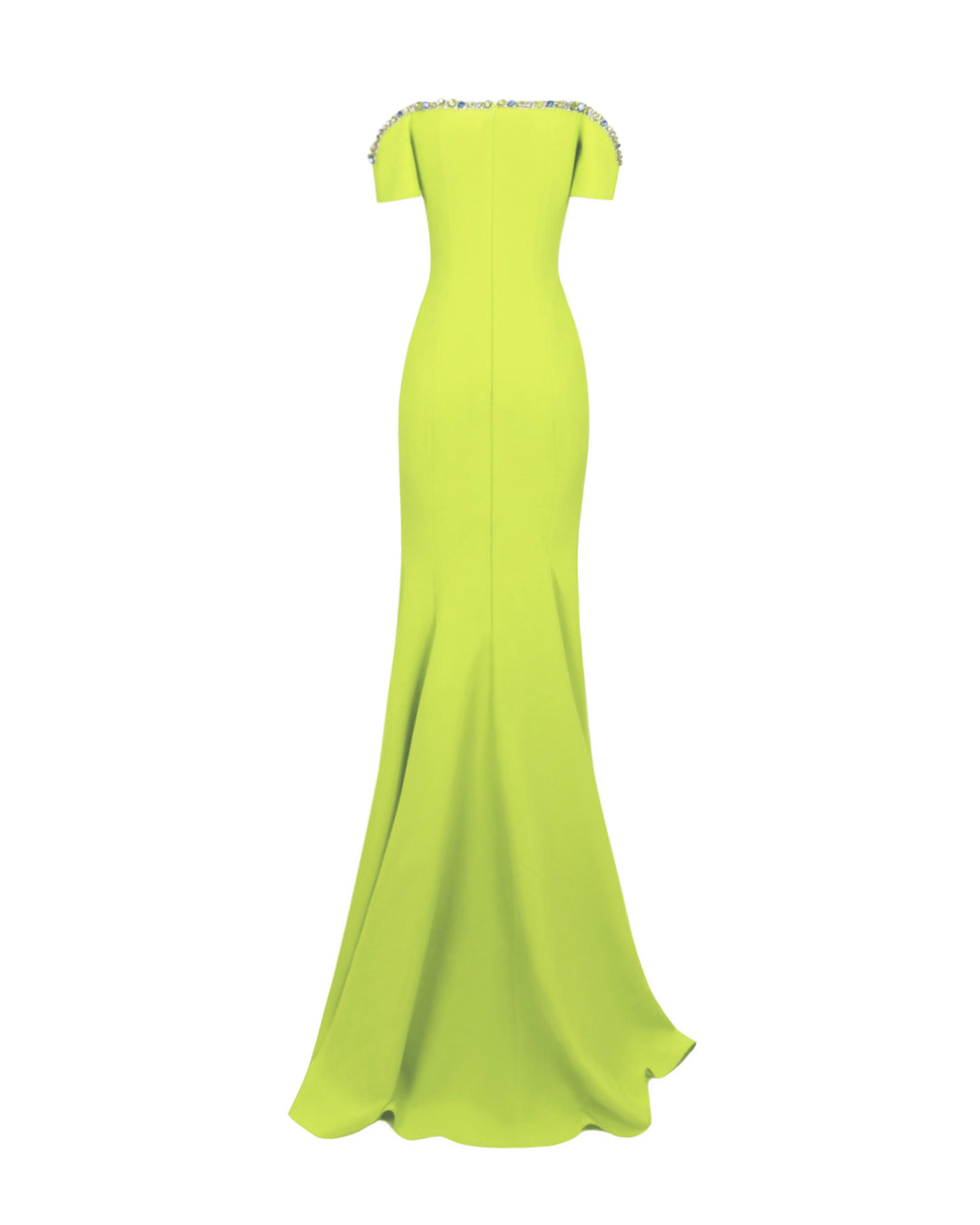 The back of a lime long evening dress with a beaded neckline that is off the shoulders. This design is featuring a mermaid cut.