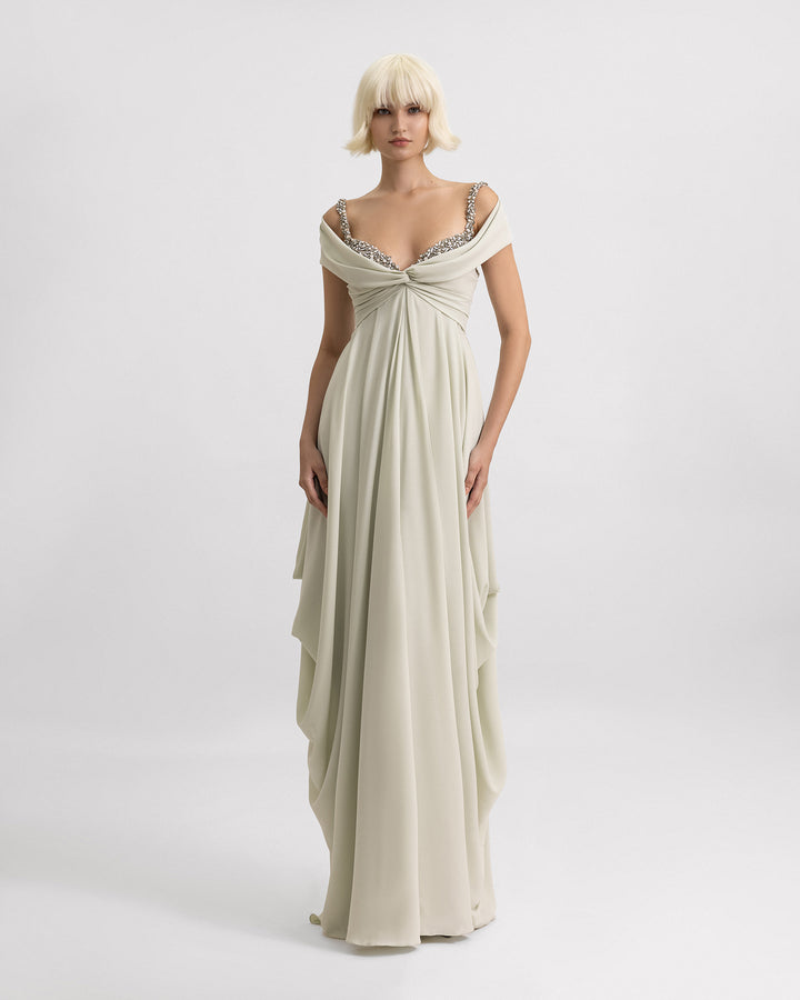 Beaded Neckline Long Dress