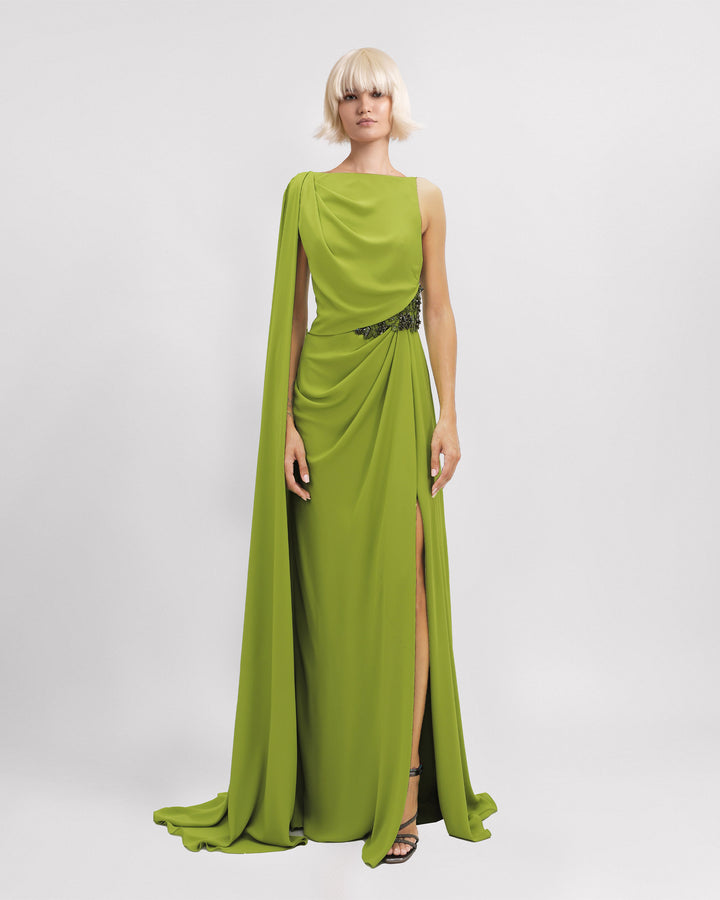 Cape-Like Sleeve Dress with Beaded Waistline