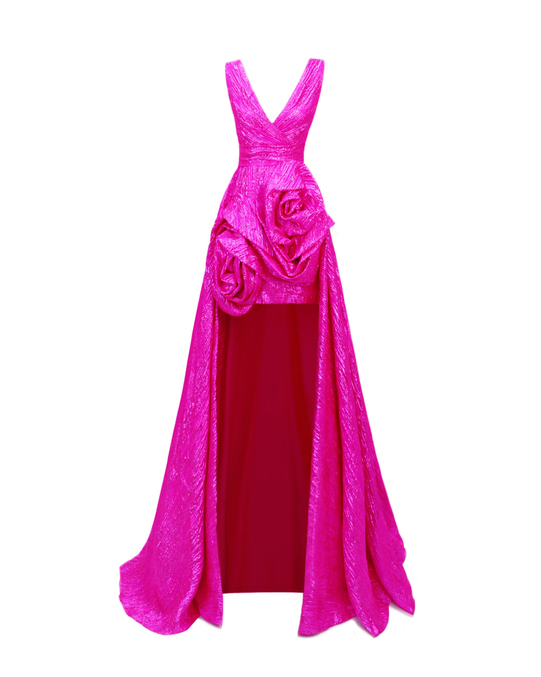 A deep v-neckline fuchsia evening dress featuring big draped flowers and a wide draped tail.