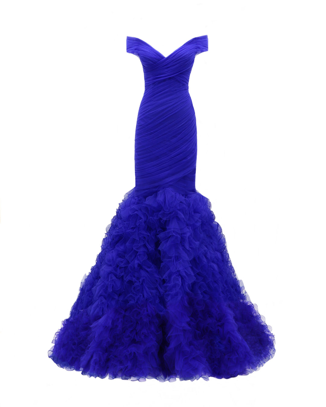 An off-the-shoulders draped mermaid-cut blue evening dress with rushed tulle at the bottom.