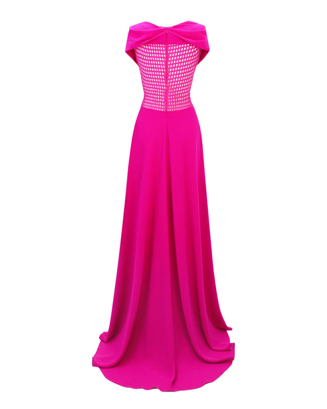 The back of a fuchsia evening dress with draped bow-like shoulders and crochet lace sides and back.