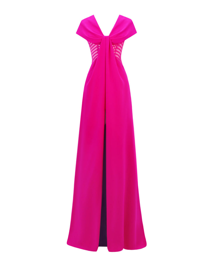 A v-neckline fuchsia evening dress with draped bow-like shoulders, crochet lace sides, and a slit at the front.