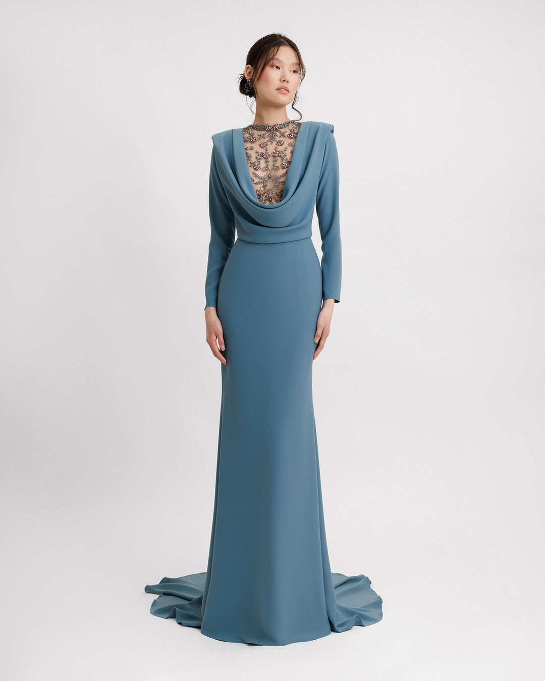 Gemy Maalouf | Evening Dresses | Long Sleeved Beaded Cowl-neckline Crepe  Dress