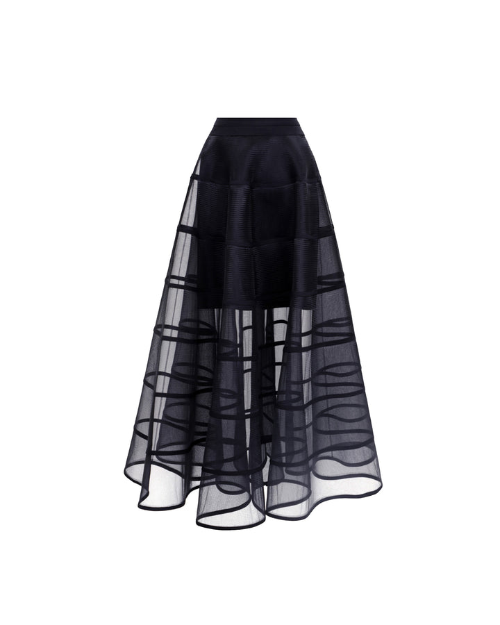 A cage-like long black skirt.