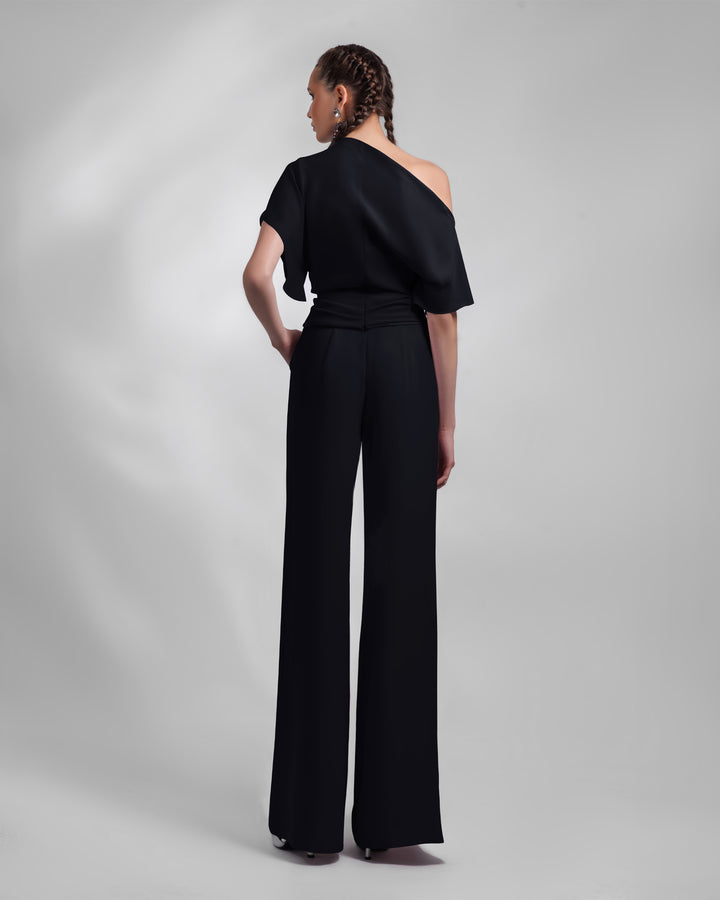 Black Draped Top and Straight-Cut Pants