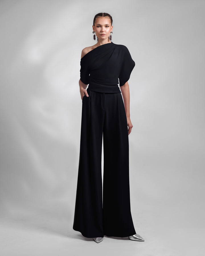 Black Draped Top and Straight-Cut Pants