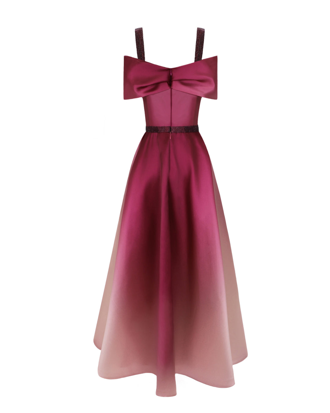 The back of a heavy satin midi dress in pink and burgundy hues, with a bow-like draped bodice, beaded straps and belt, and a pleated skirt.