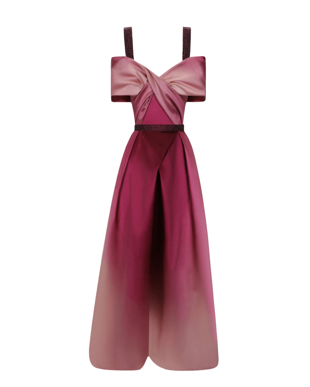 A heavy satin midi dress in pink and burgundy hues, with a bow-like draped bodice, beaded straps and belt, and a pleated skirt.