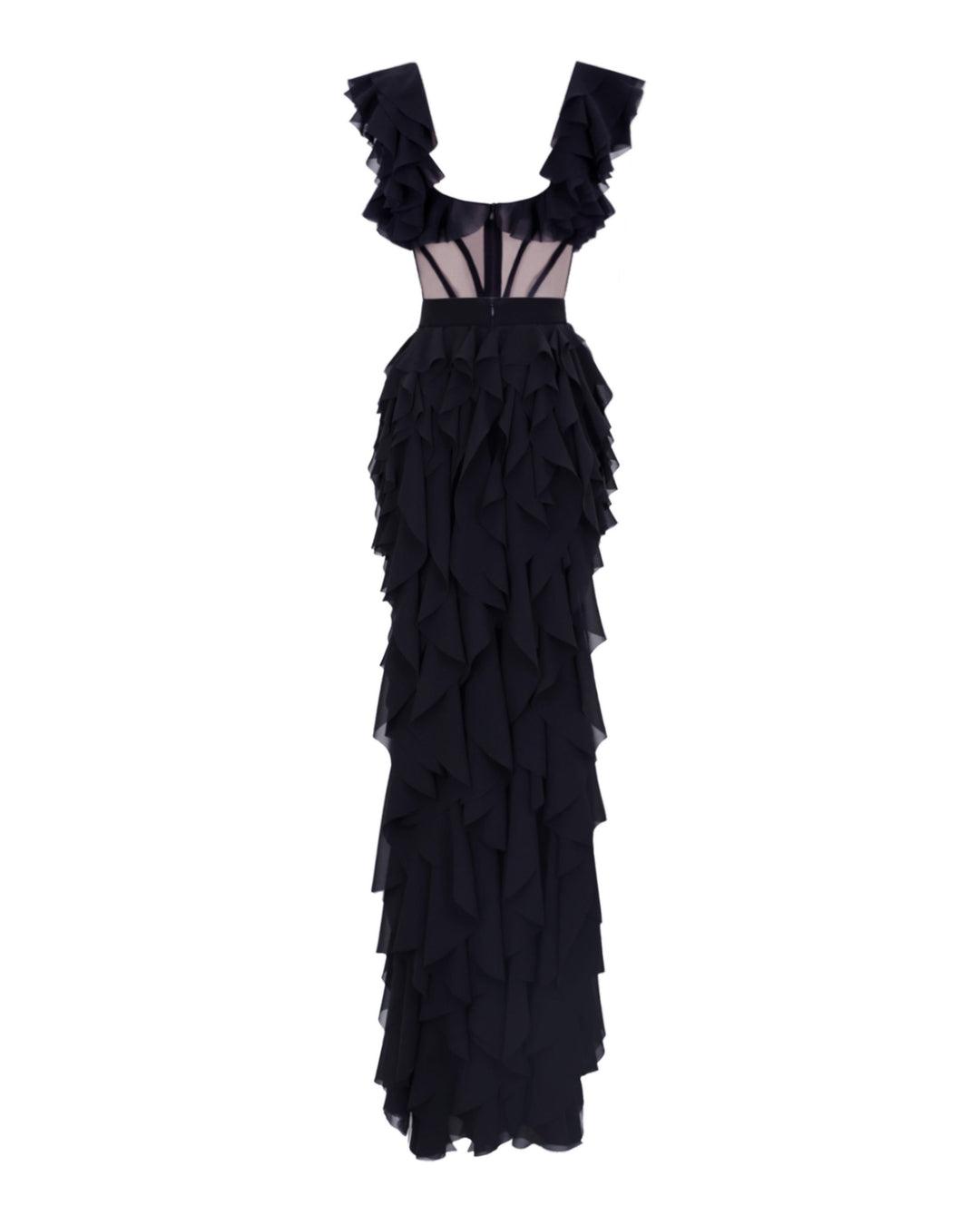 The back of a long fully ruffled chiffon black evening dress featuring a slightly open back and a see-through corseted bodice.