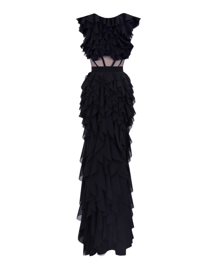 A long fully ruffled chiffon black evening dress featuring a see-through corseted bodice and cutouts on the sides of the skirt.