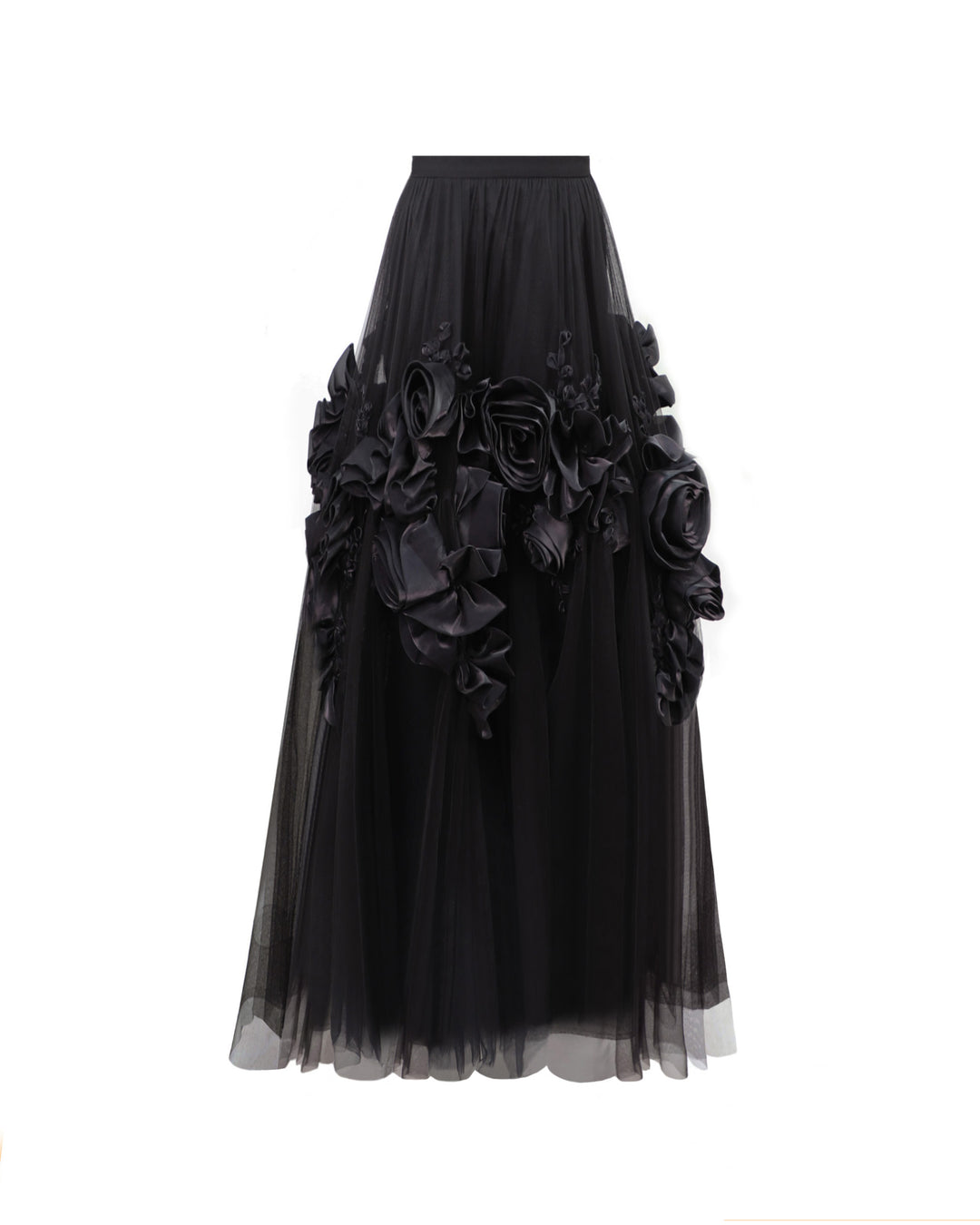 A black tulle evening skirt with floral draping.