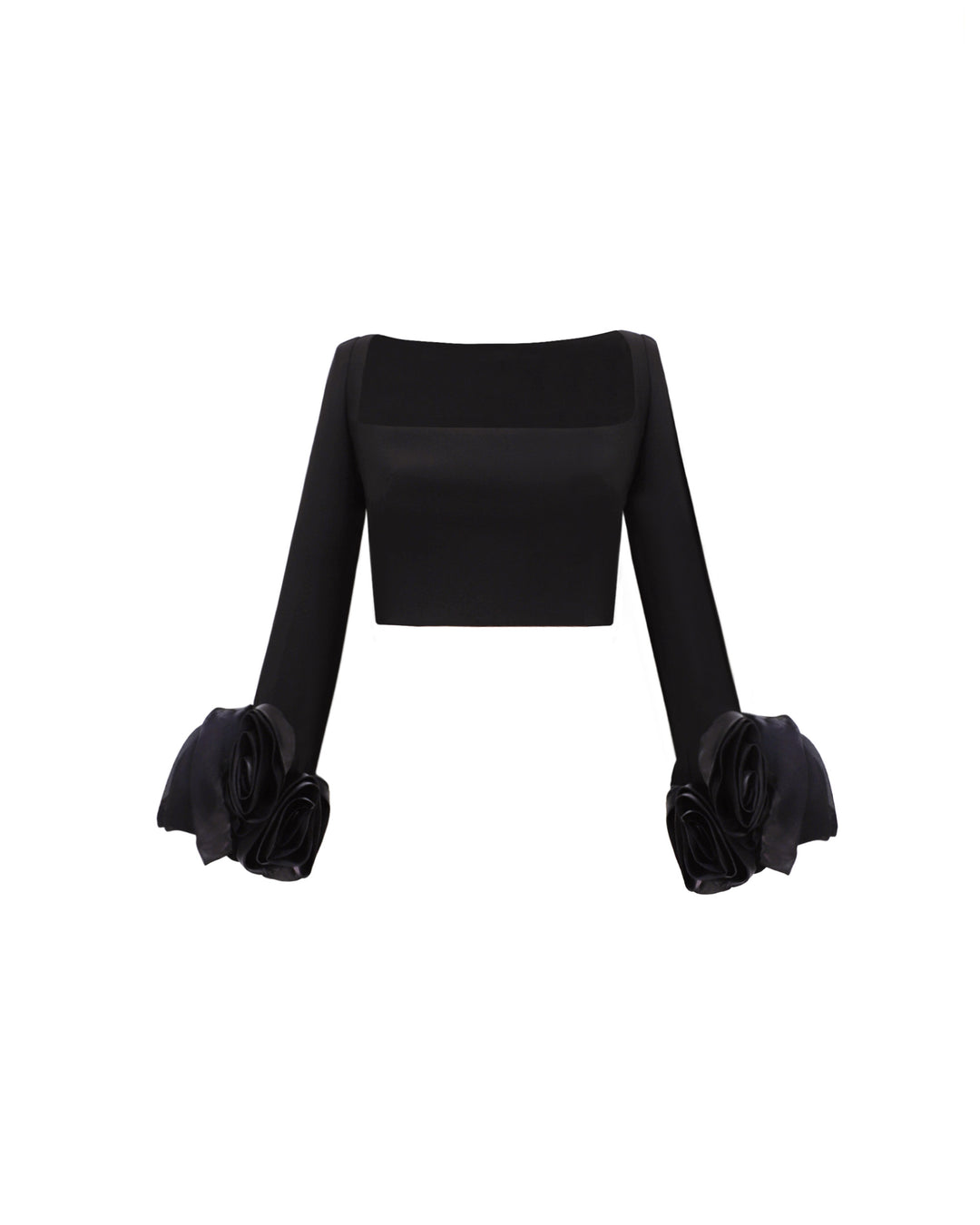 A squared-neckline black top with draped floral cuffs.