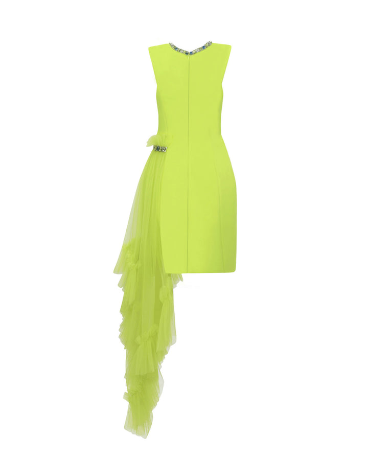 The back of a short structured lime dress with padded shoulders and a round beaded neckline. It features an asymmetrical tulle ruffles on the side with a beaded line.