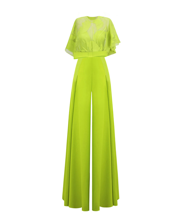 An occasion wear featuring a patterned lace top with a bow design paired with a high-waist wide pants featuring side pleats, all in lime color.