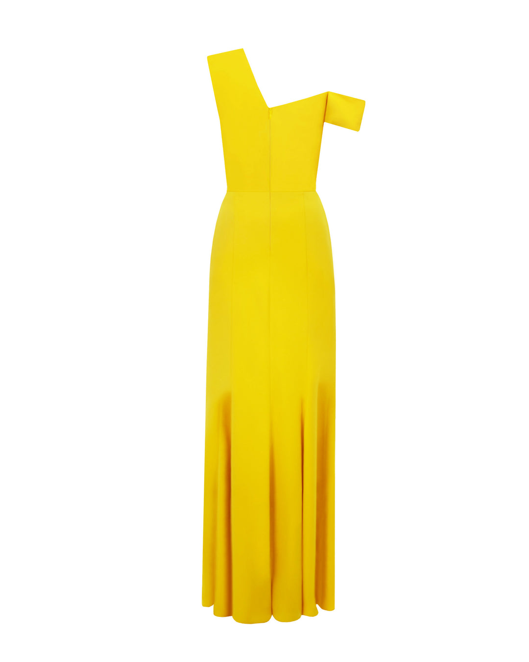 The back of an asymmetrical cut crepe long yellow evening dress with draping details on the upper part and a slim cut skirt.