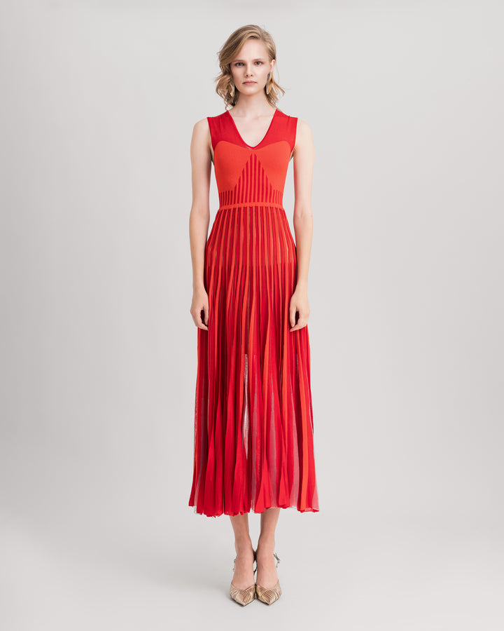 A v-neckline with heart shape design midi knit red dress.