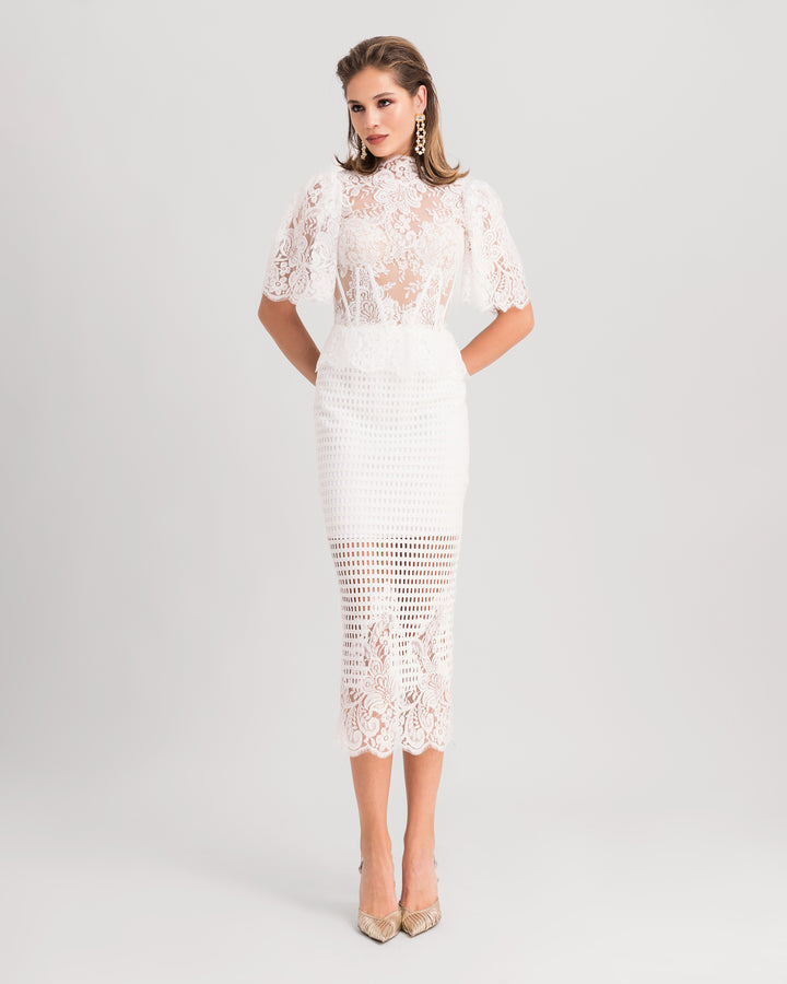 A white evening wear set featuring a high-collar lace top with flared sleeves, paired with a midi lace pencil skirt.