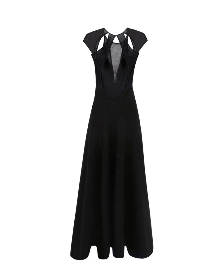 The back of a black flared midi knit dress featuring cut-outs on the shoulders and a open back.