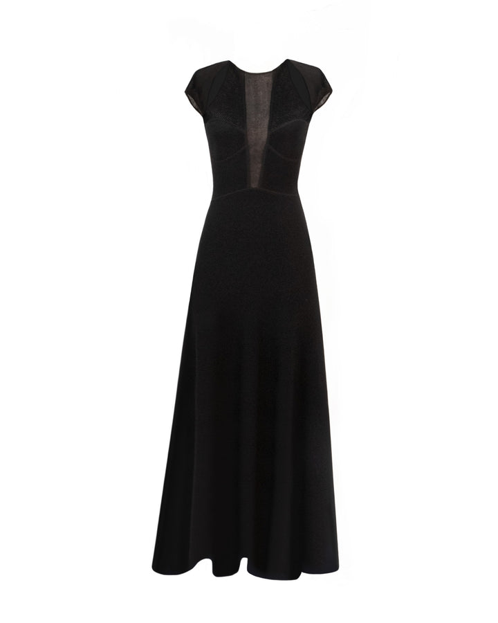 A black flared midi knit dress featuring cut-outs on the shoulders an a long v-neckline.