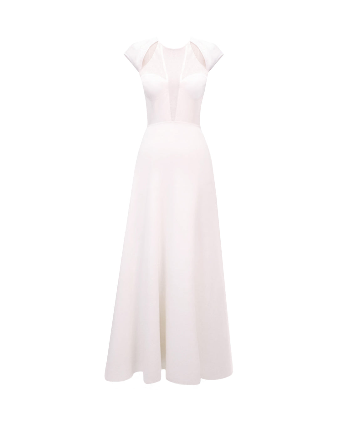 A white midi knit dress featuring cut-outs on the shoulders and a deep v-neckline.