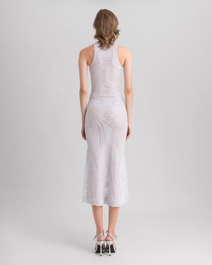 The back of a silver slim-cut patterned knit midi dress.