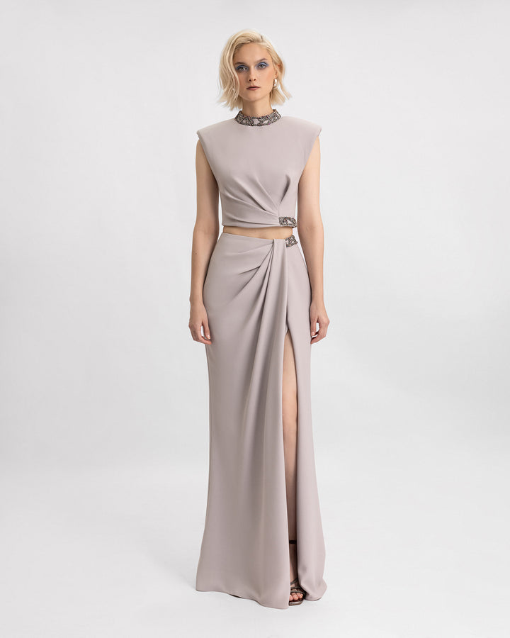 Beaded High-Collar Top with Draped Skirt