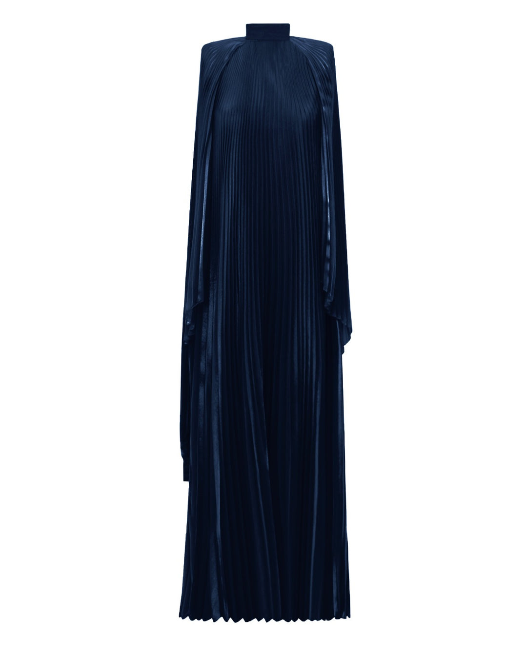 A high neckline fully pleated flared navy organza dress with cape-like sleeves.