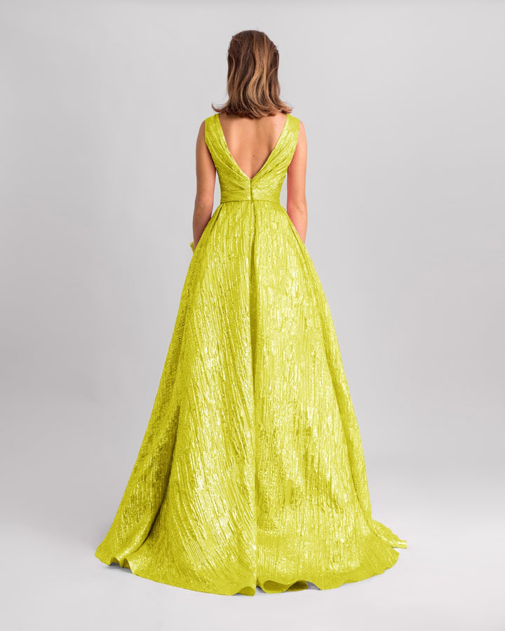 Lime Long Dress With Draped Flowers