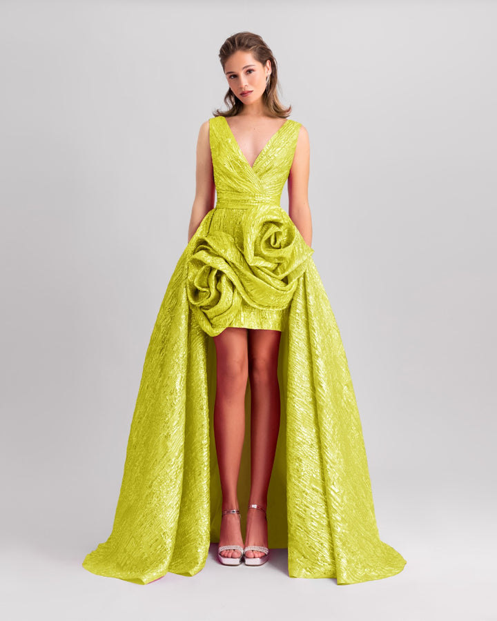 Lime Long Dress With Draped Flowers