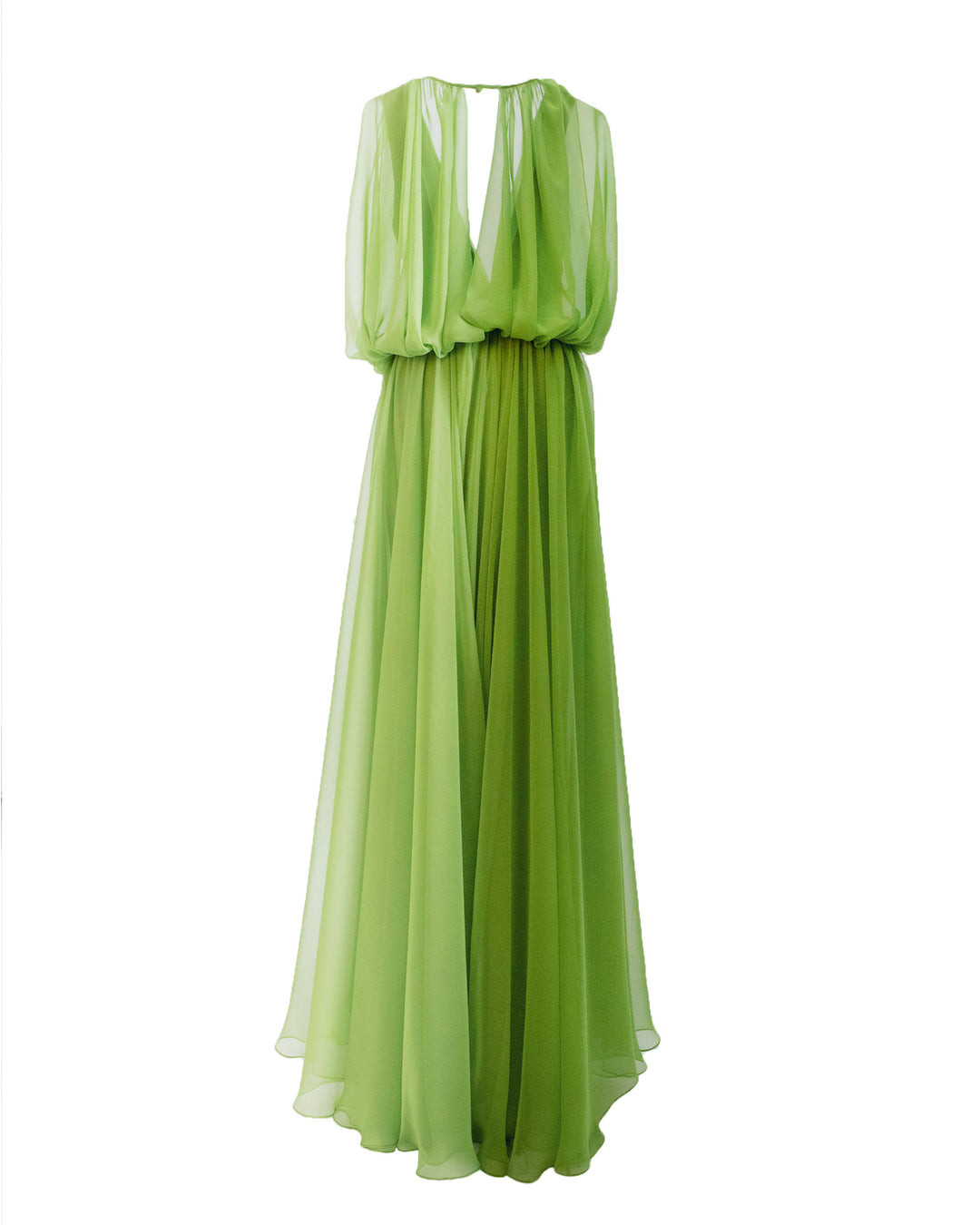 The back of a green chiffon long evening dress with cape-like sleeves, and a slightly open back.