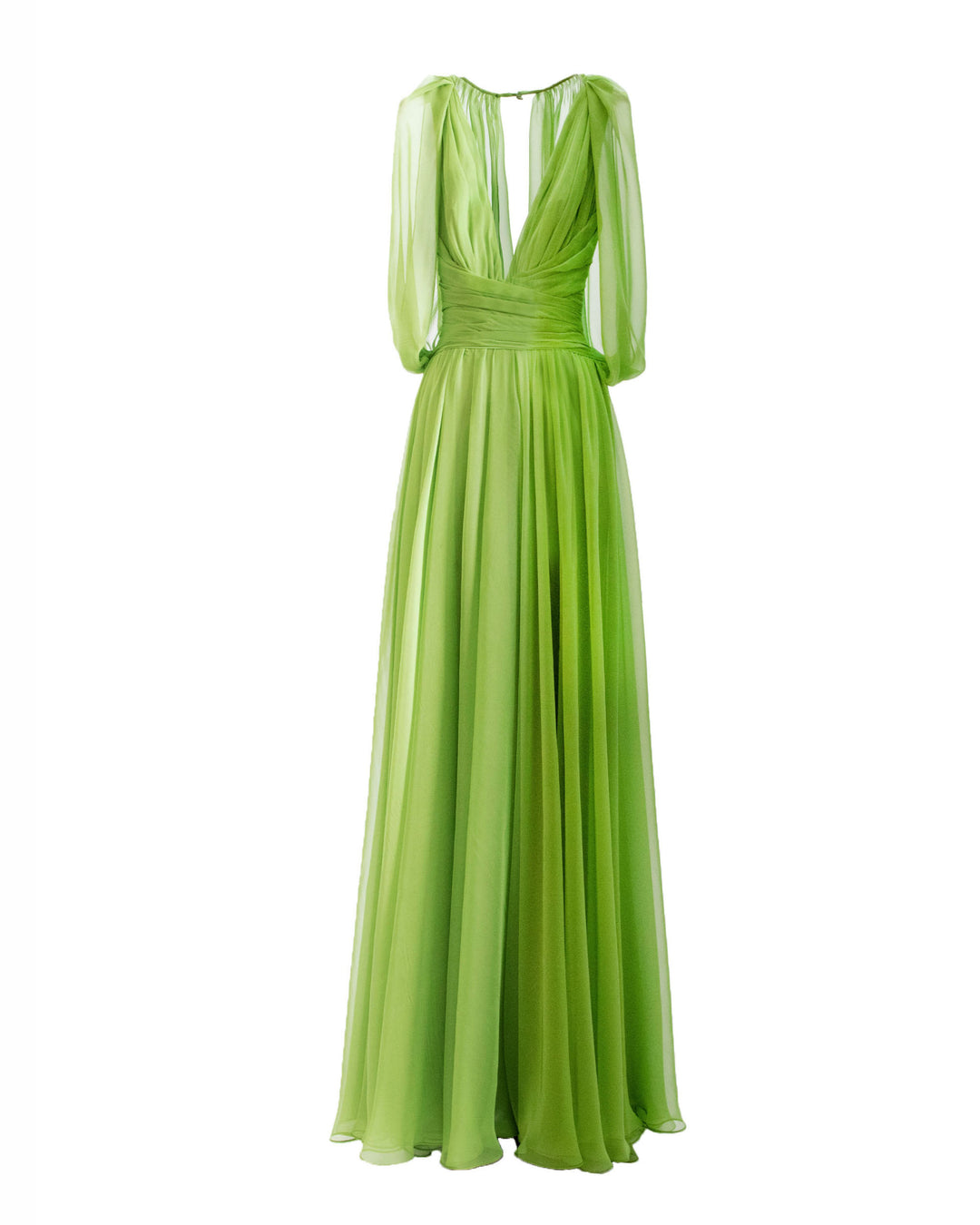 A deep V-neckline, green chiffon long evening dress with cape-like sleeves, draped details on the waist, and an open slit on the side.