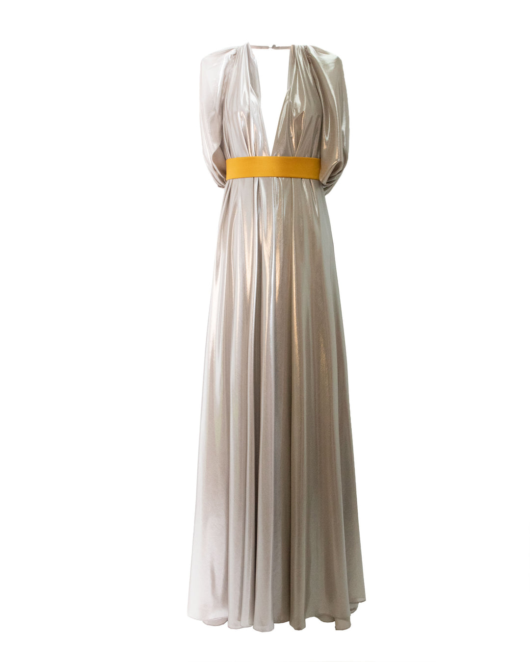 A deep V-neckline, loose cut laminated silver chiffon dress paired with a detachable yellow belt.