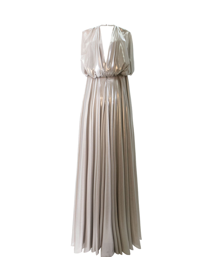 A deep V-neckline, loose cut laminated silver chiffon dress.