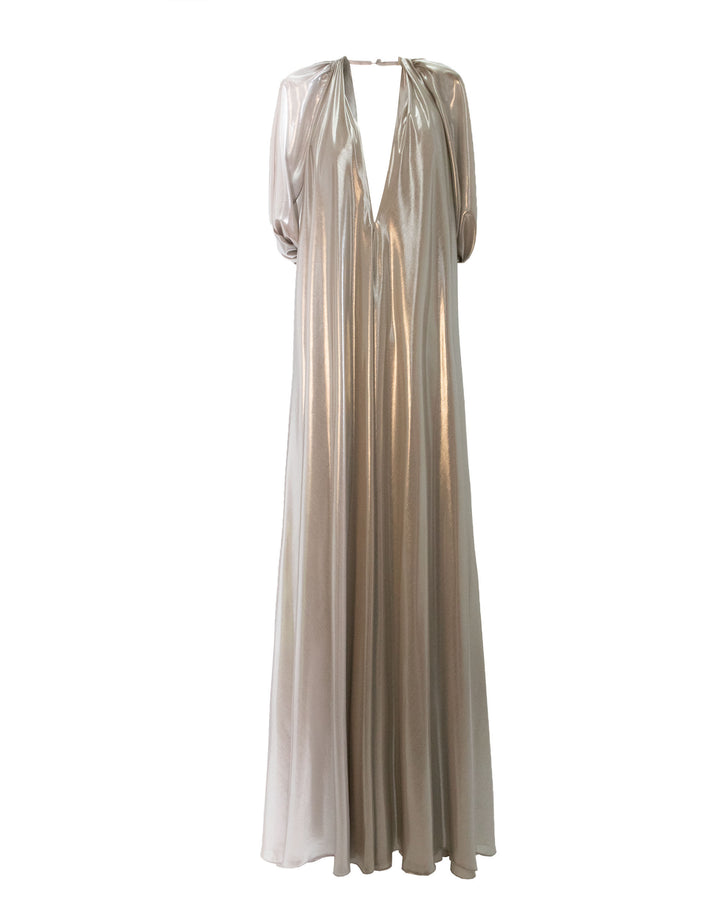 A deep V-neckline, loose cut laminated silver chiffon dress.