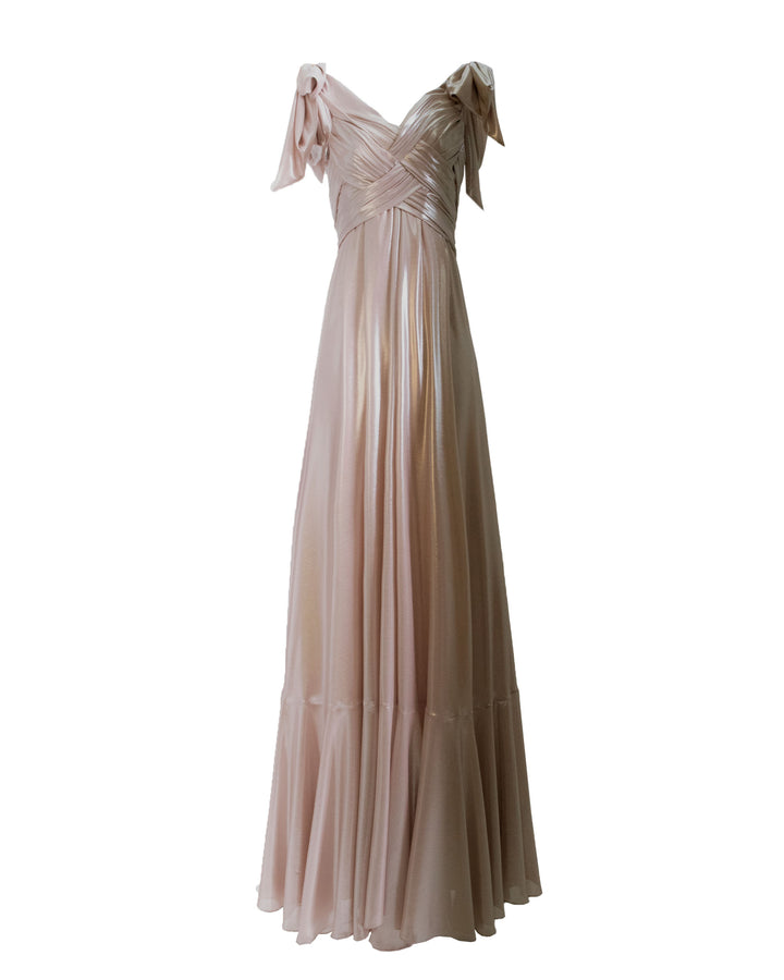 A draped upper part flared cut, laminated pink chiffon long dress with bow-design details on the shoulders.