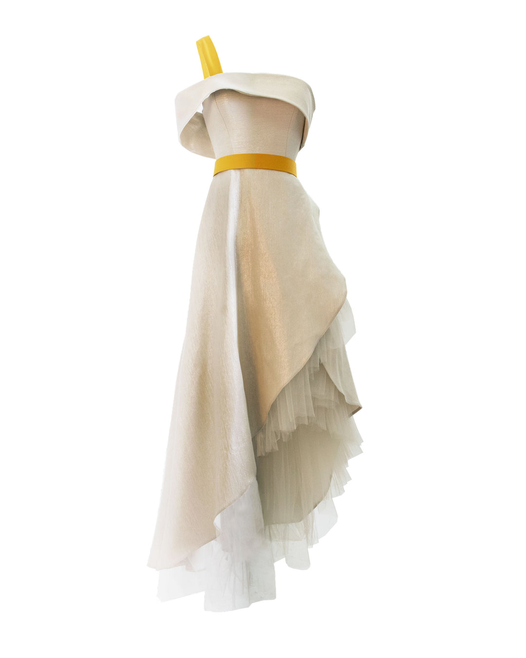 An off-shoulders cut short dress with ruffled tulle underlaying the asymmetrical hemline details in a laminated mikado fabric and a detachable yellow crepe belt and strap.