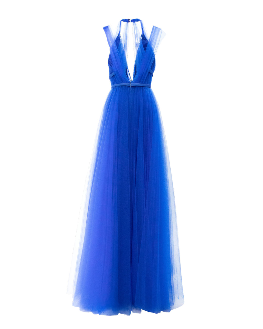 The back of a v-cut backless, flared cut tulle long blue dress.