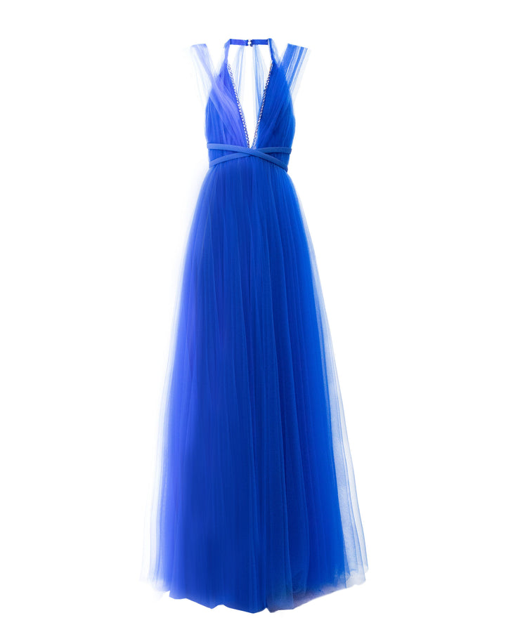 A deep v-cut beaded neckline, flared cut tulle long blue dress with ribbon design on the waist.