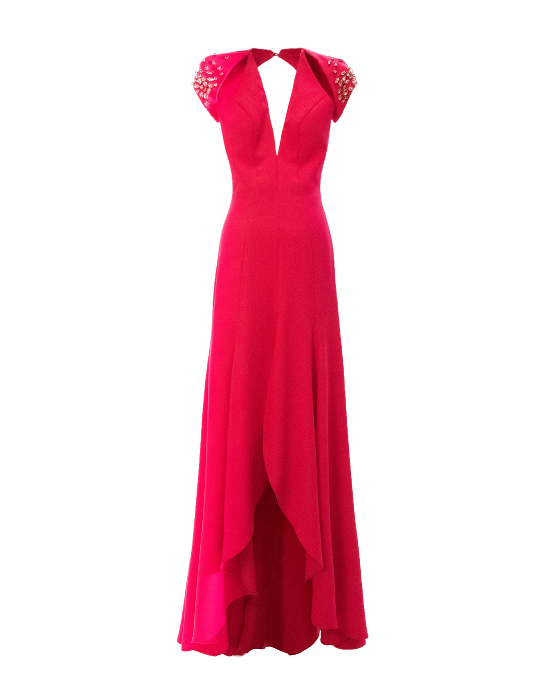 A V-cut neckline with cut-out and embellished details long crepe evening dress in fuchsia color.