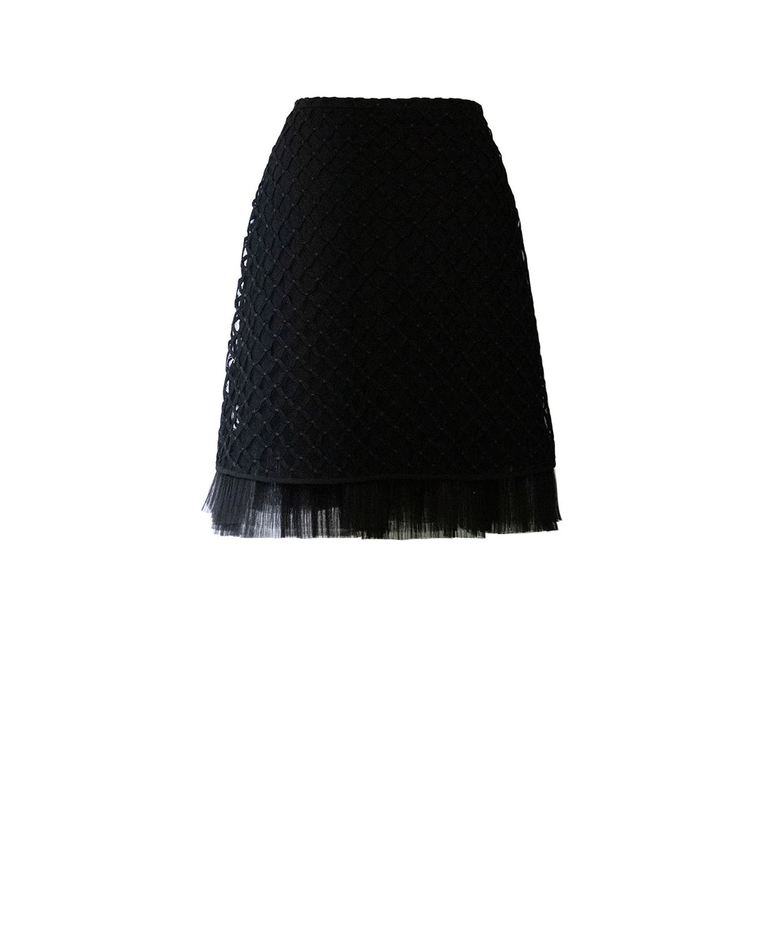 A straight cut, embroidered fishnet short black skirt with ruffled details.