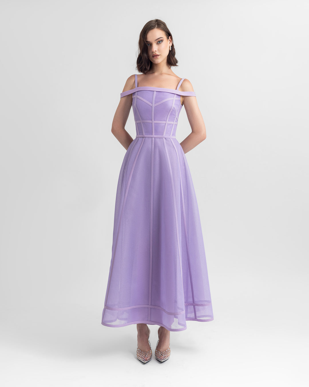 A princess cut mesh midi lilac dress.