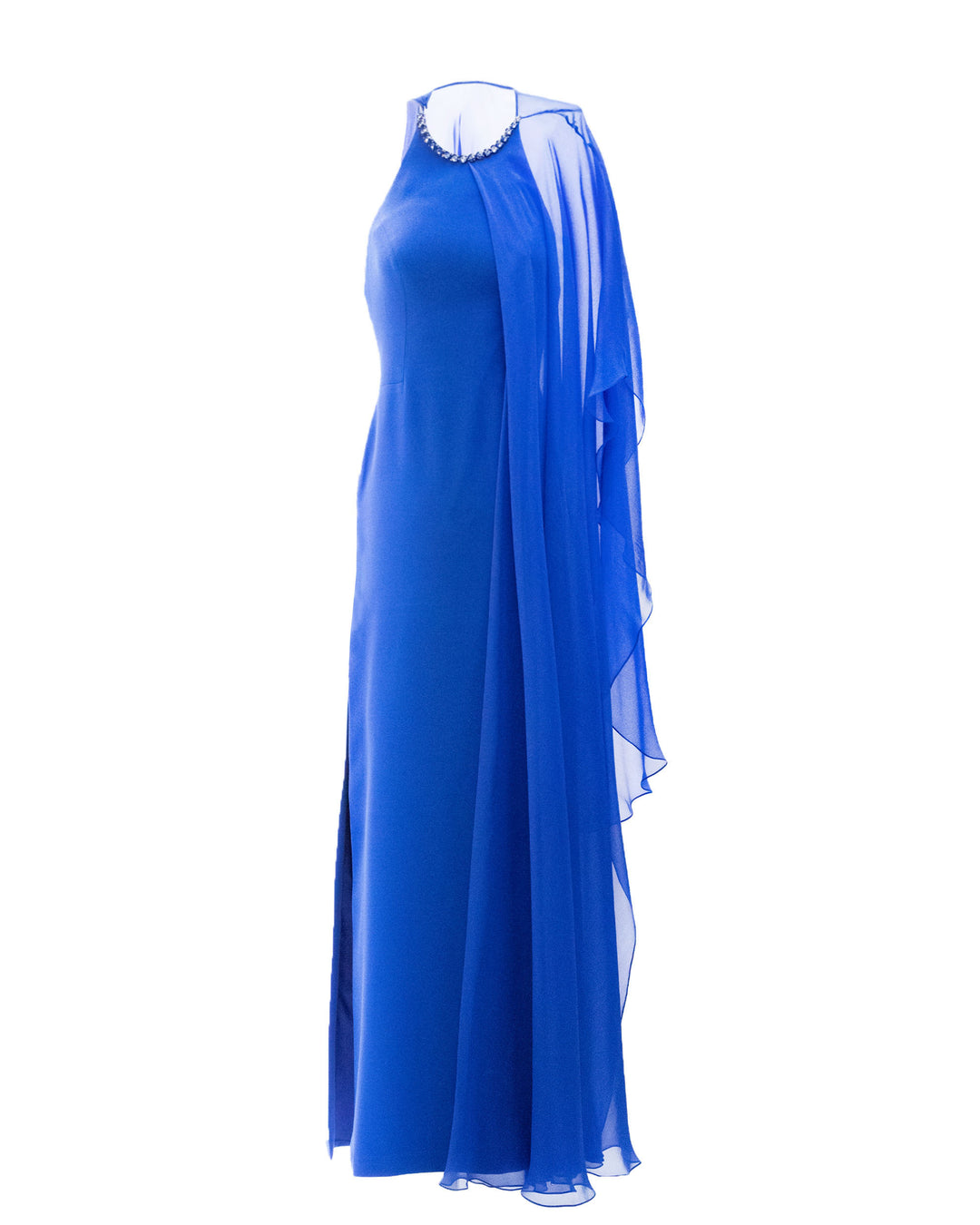 A beaded round neckline, slim cut crepe blue dress with one sided draped flowy chiffon fabric and a side slit.