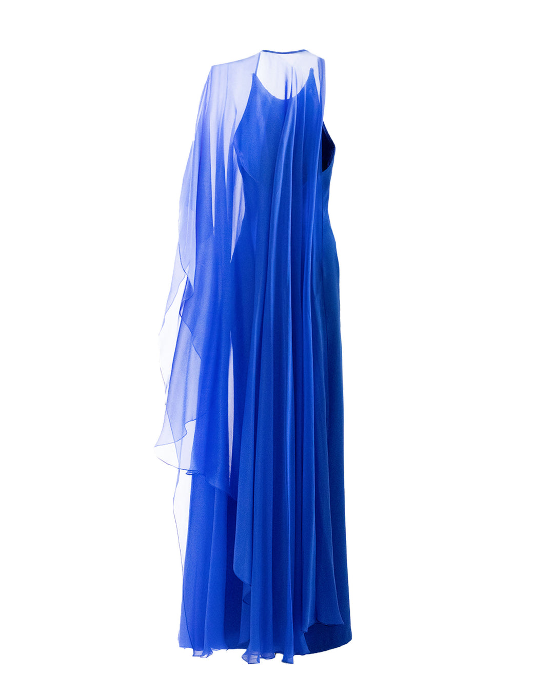 The back of a rounded neckline, slim cut crepe blue dress with one sided draped flowy chiffon fabric.