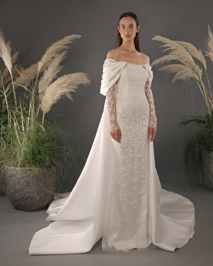 Beaded Sleeve Slim-Cut Gown