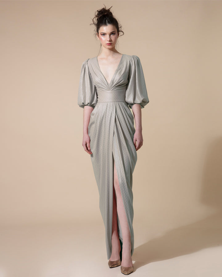 Long Grey Dress With Deep V-Neck