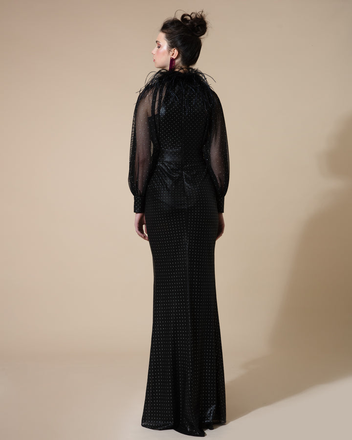 The back of a long fitted black evening dress with raglan see-through sleeves, and feather embellishments on the neckline.