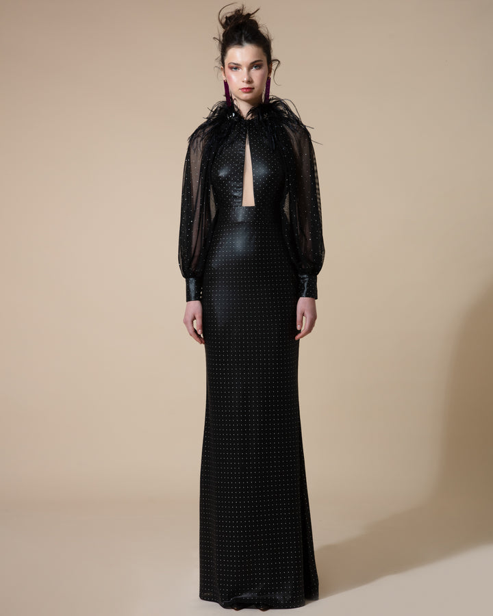 A long fitted black evening dress with opening on the bust, raglan see-through sleeves, and feather embellishments on the shoulders.