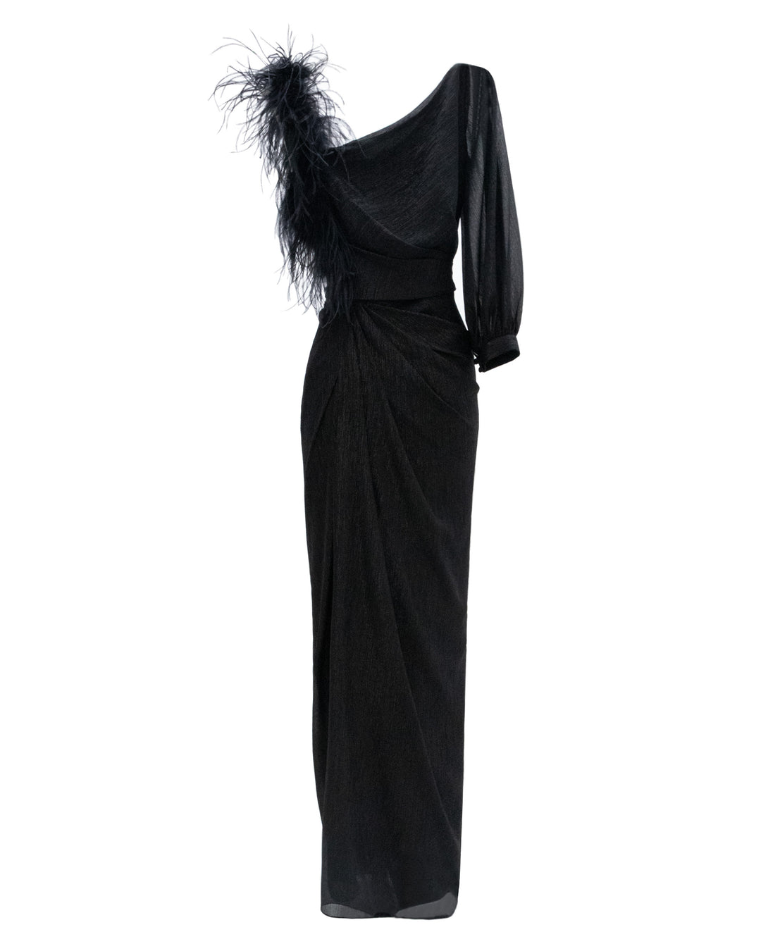 An asymmetrical neckline chiffon black evening dress with feather sleeve, draping and open slit on the side.