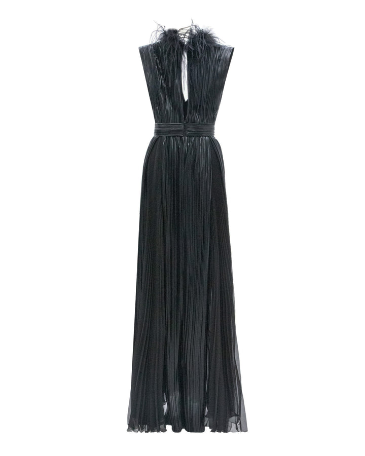 The back of a fully pleated black evening dress with feather details on the neck and a slight opening at the back.